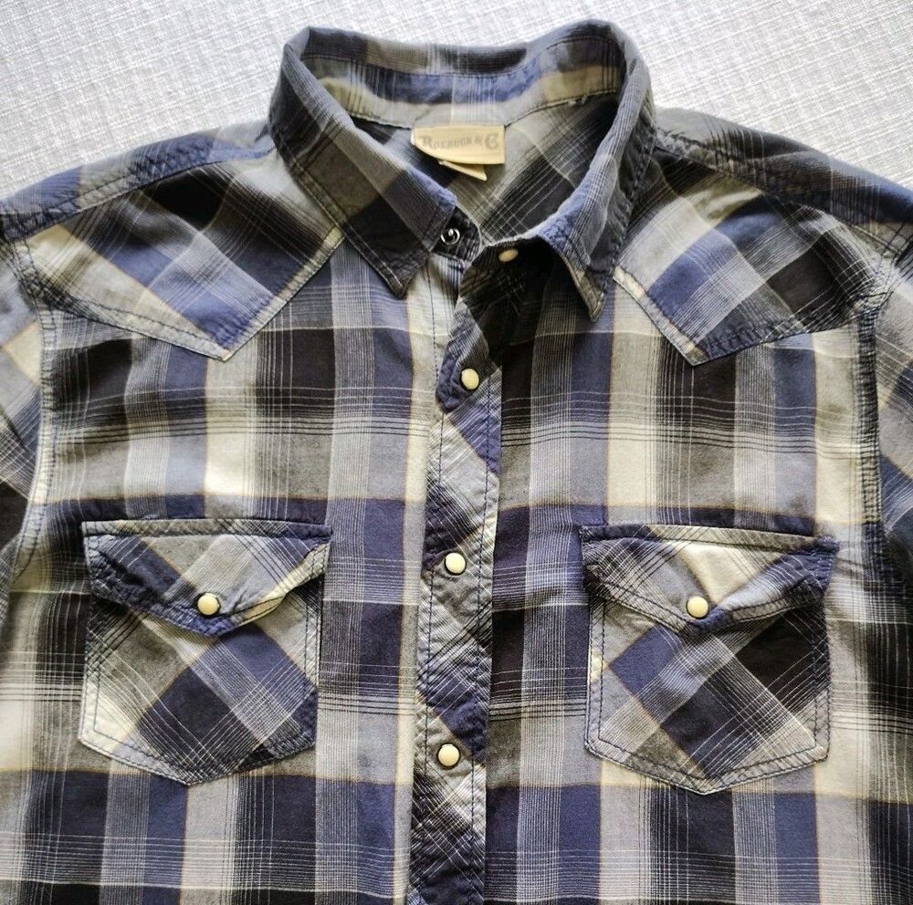 Roebuck & Co Pearl Snap Shirt XL Short Sleeve Western Blue Plaid